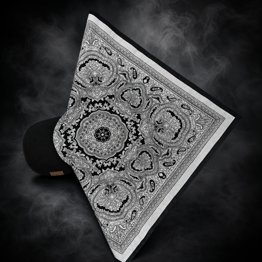 DANAC White Mist bandana cap showing the printed fabric and black brim
