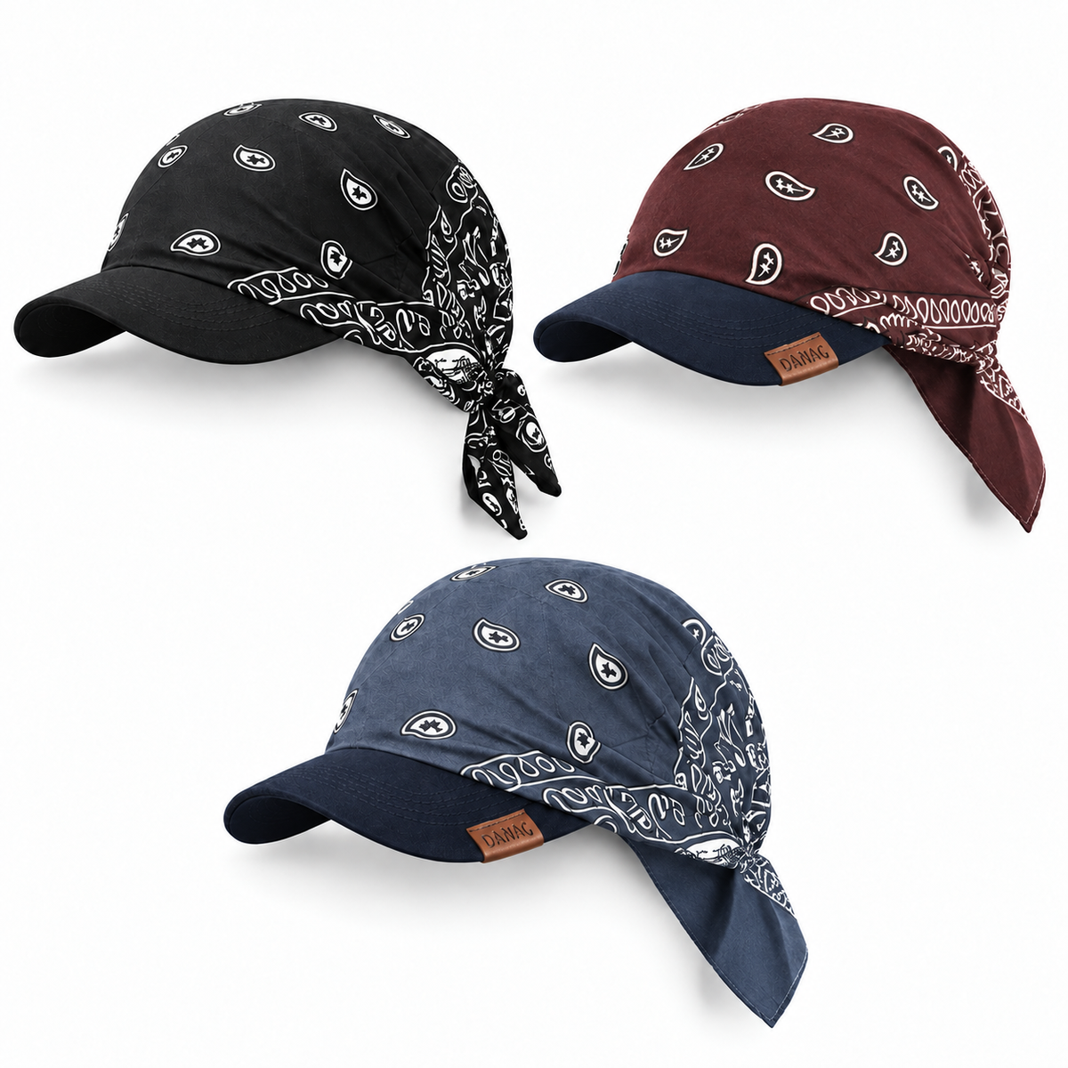 DANAC pack of 3 bandana caps: Black, Chocolate Brown, Bluish Grey, showing the cap brims and printed fabric