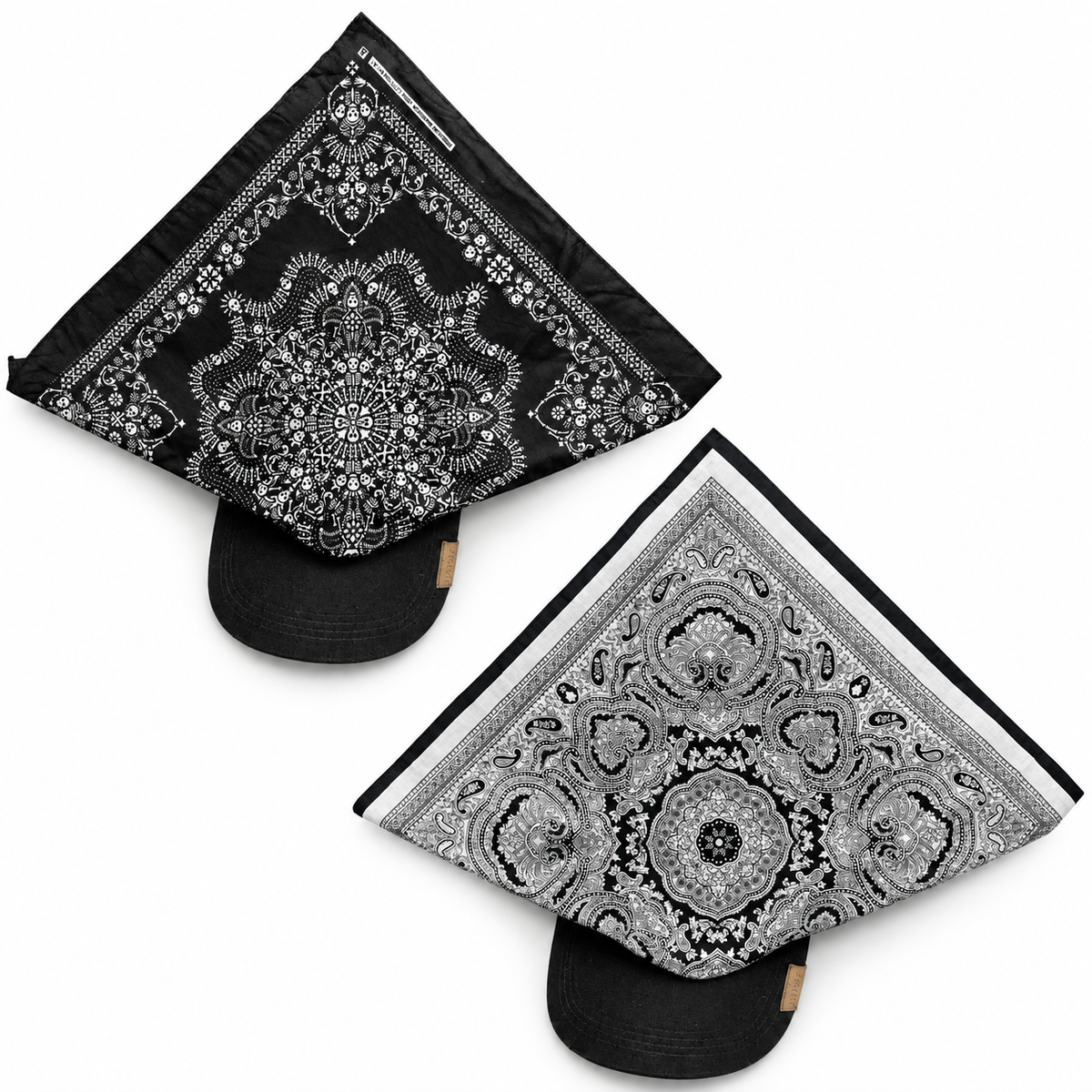DANAC pack of 2 bandana caps: Skeleton Mist, White Mist, showing the cap brims and printed fabric