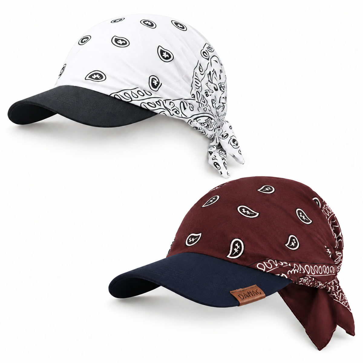 DANAC pack of 2 bandana caps: White, Chocolate Brown, showing the cap brims and printed fabric