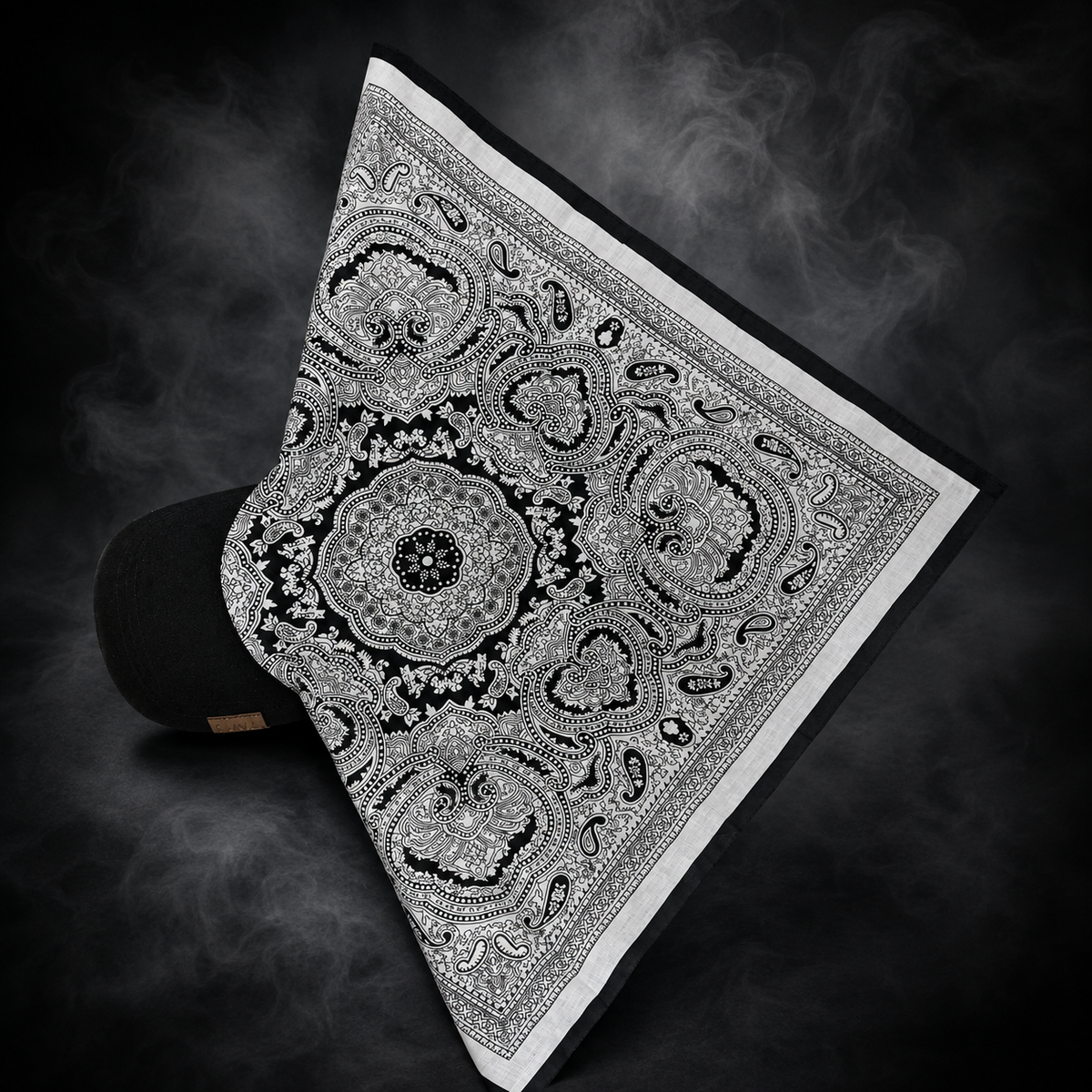 DANAC White Mist bandana cap showing the printed fabric and black brim